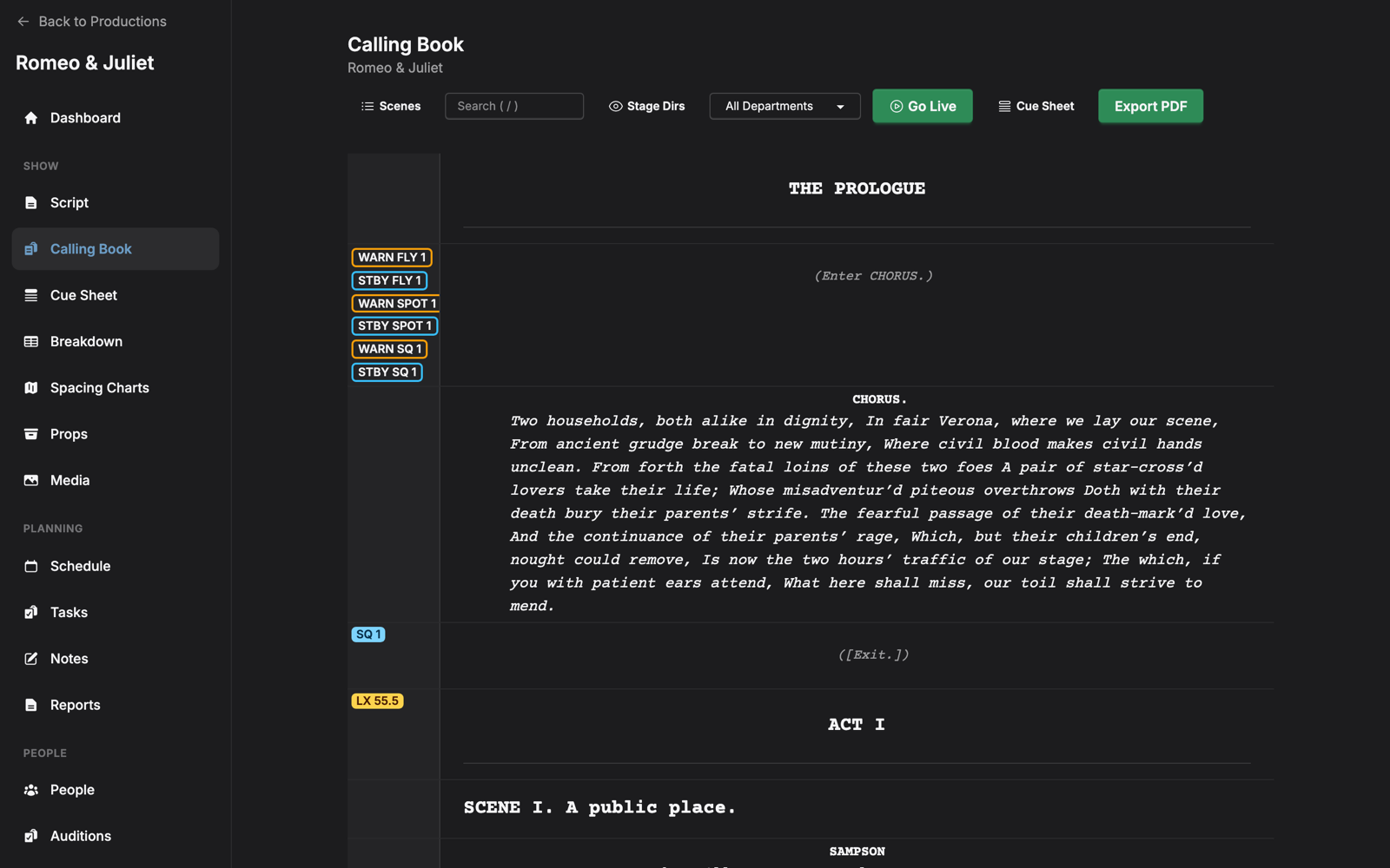 ProdBook calling book with warn and standby cue labels, Go Live, and PDF export