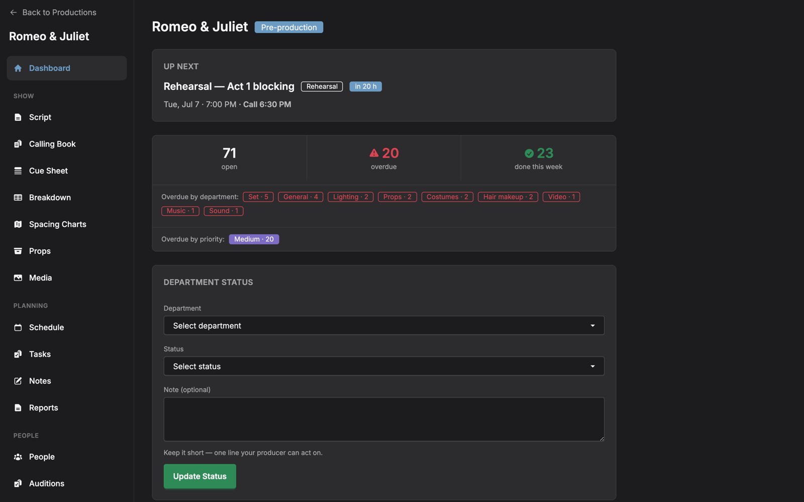 ProdBook production dashboard showing up-next events, task rollups, and department status