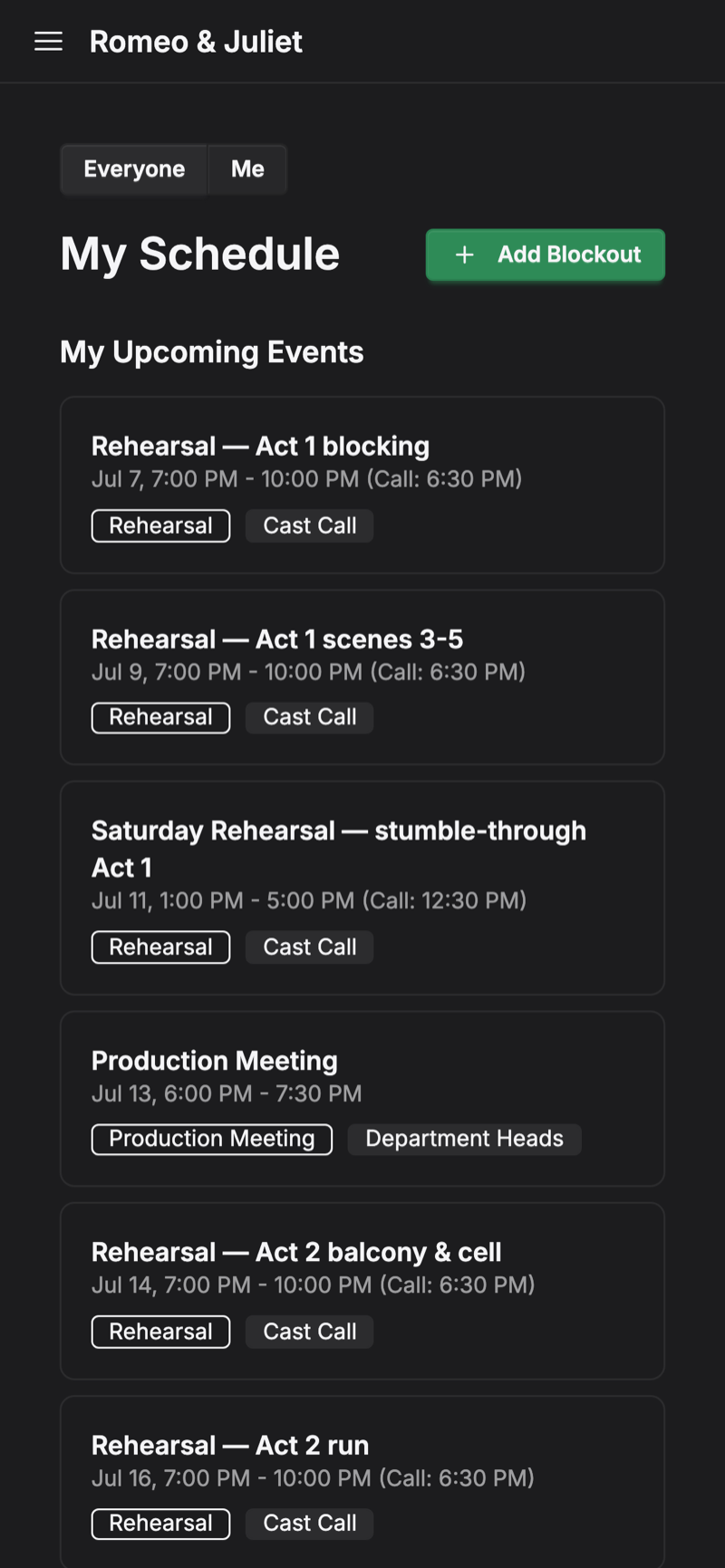 Personal ProdBook schedule on a phone
