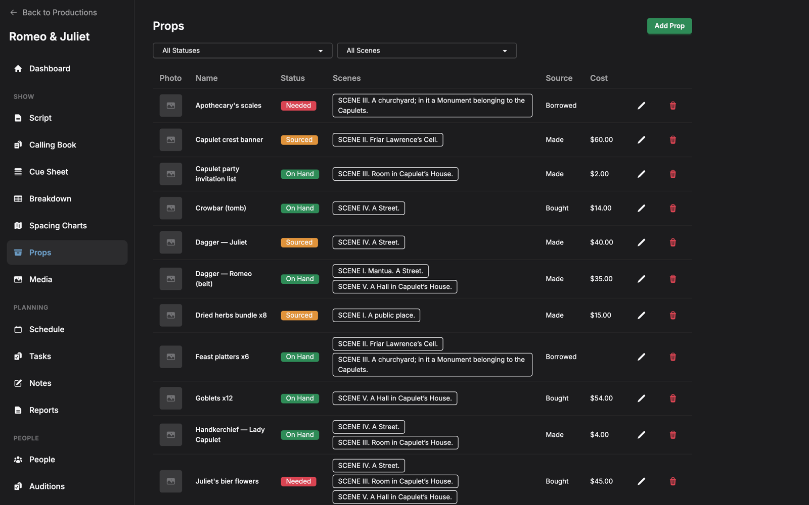 ProdBook props inventory with status, scene, and cost columns