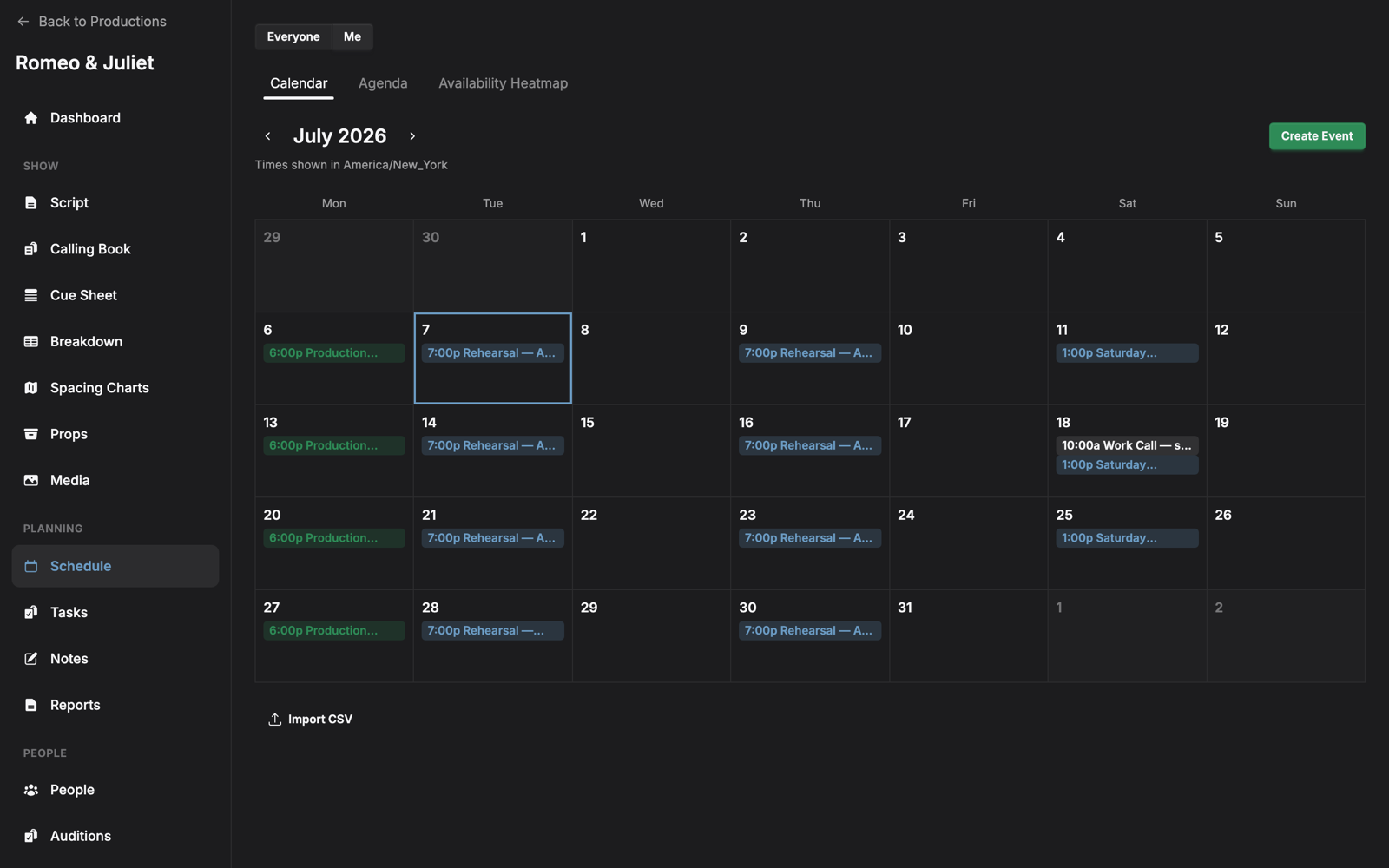 ProdBook month calendar with rehearsals and calls