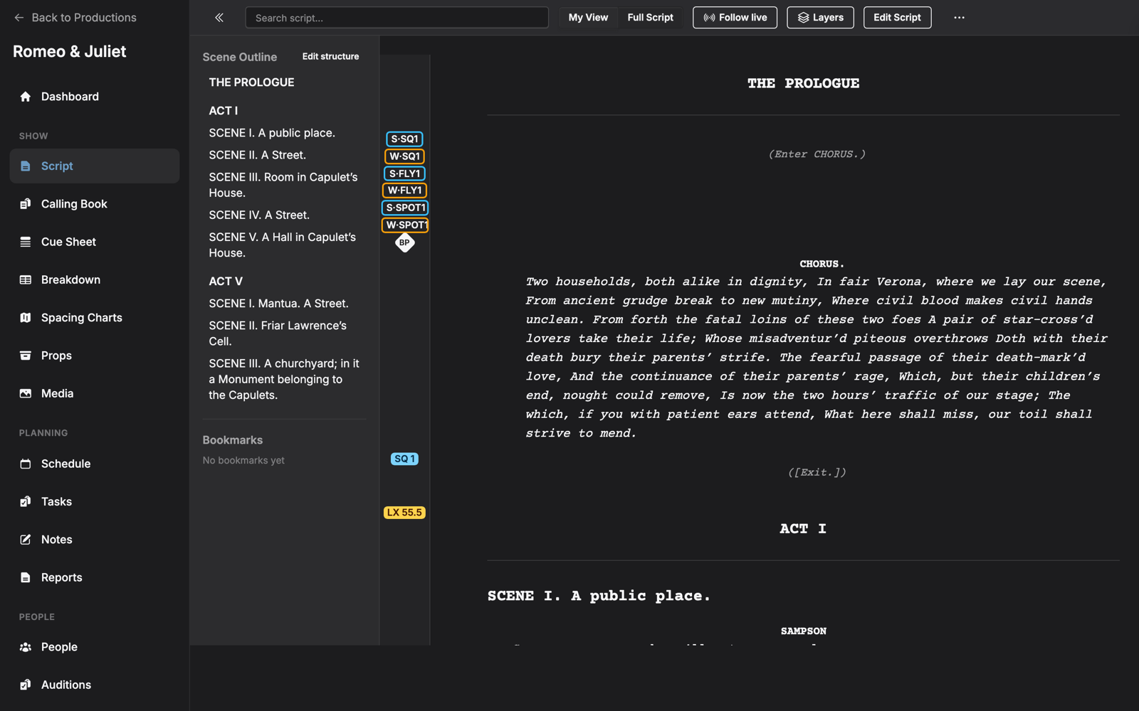 ProdBook script viewer with cue tags in the margin and a scene outline